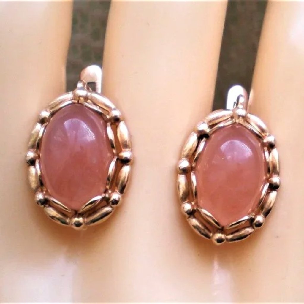 Vintage Russian Soviet Ussr 14k 583 Rose Pink Gold Rose Pink Chalcedony Earrings